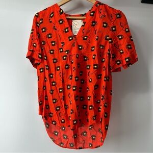 Anthropologie Conversations Red Orange Hello PhonePatterned Blouse